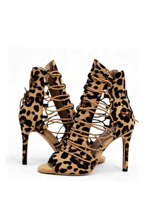 Brown Leopard Jazz Dance Heels Ankle Strap Boots