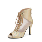 Gold Snakeskin Lace-up Heels Dance Boots
