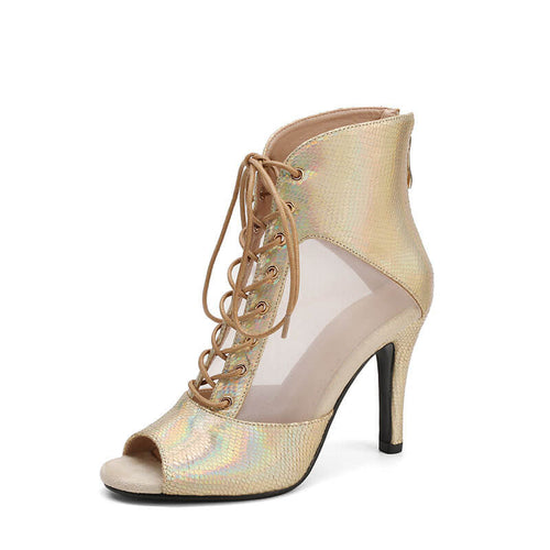 Gold Snakeskin Lace-up Heels Dance Boots