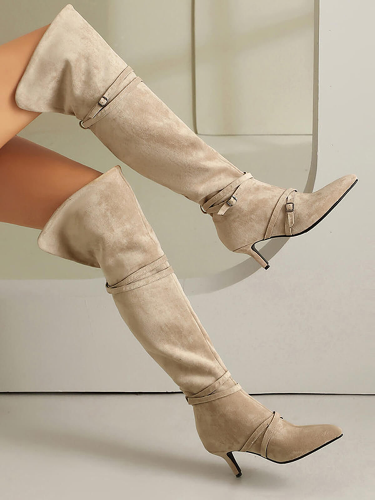 Apricot Colored Suede Knee-High Boots