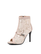 Apricot Flower Mesh Open-Toe Side Zip Heel