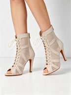 Beige Lace Up Heels Dance Boots