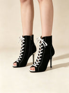 Black Canvas Lace-Up Sporty Stiletto Booties