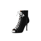 Black Canvas Lace-Up Sporty Stiletto Booties