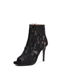 Black Flower Mesh Open-Toe Side Zip Heels