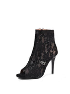 Black Flower Mesh Open-Toe Side Zip Heels