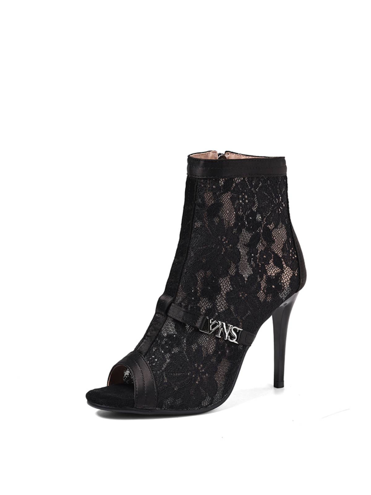 Black Flower Mesh Open-Toe Side Zip Heels