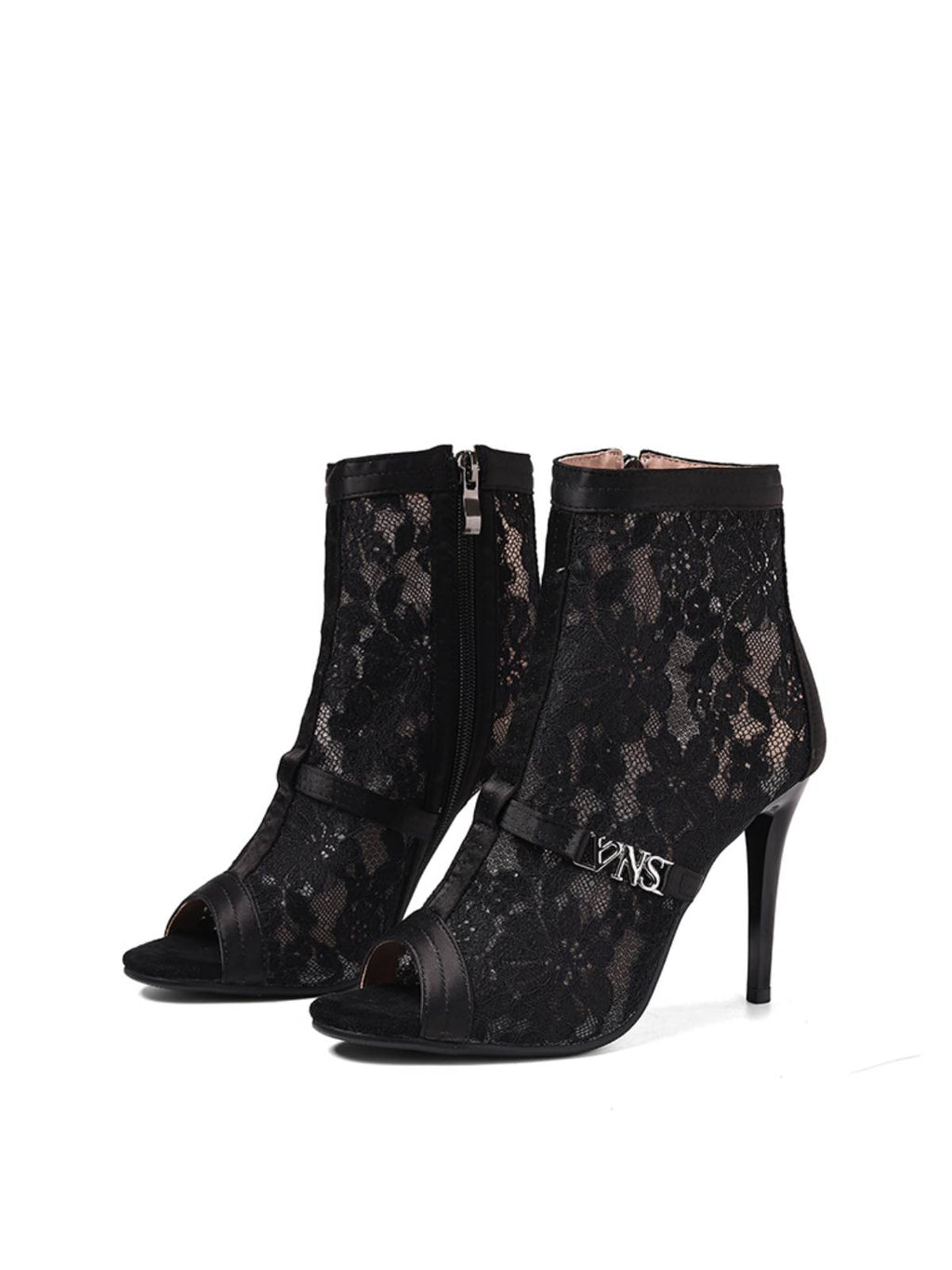 Black Flower Mesh Open-Toe Side Zip Heels