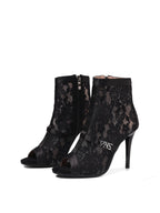 Black Flower Mesh Open-Toe Side Zip Heels