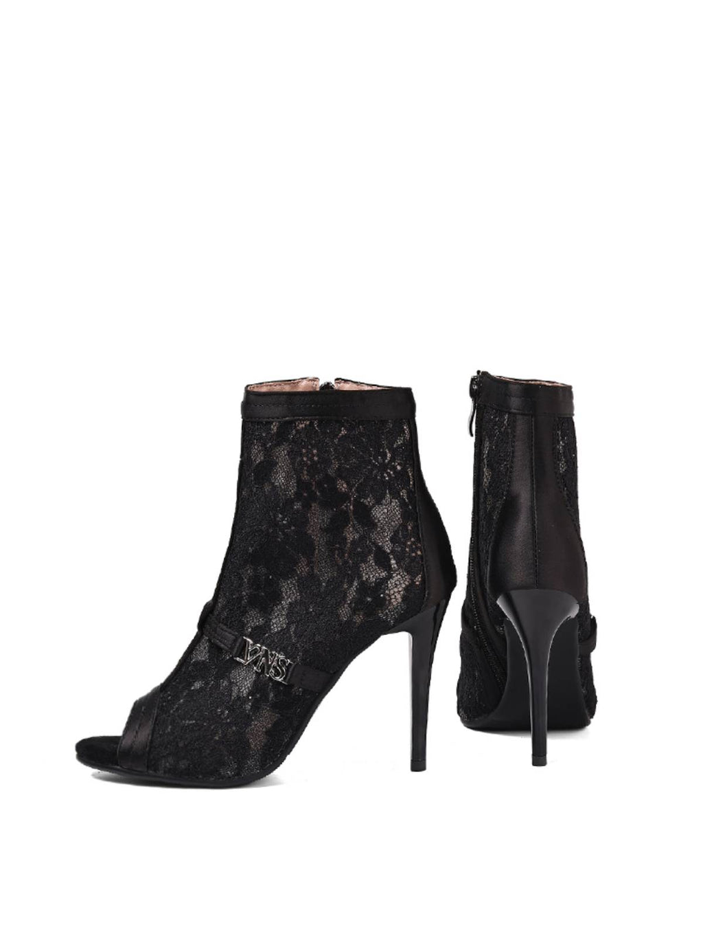 Black Flower Mesh Open-Toe Side Zip Heels