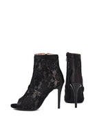 Black Flower Mesh Open-Toe Side Zip Heels