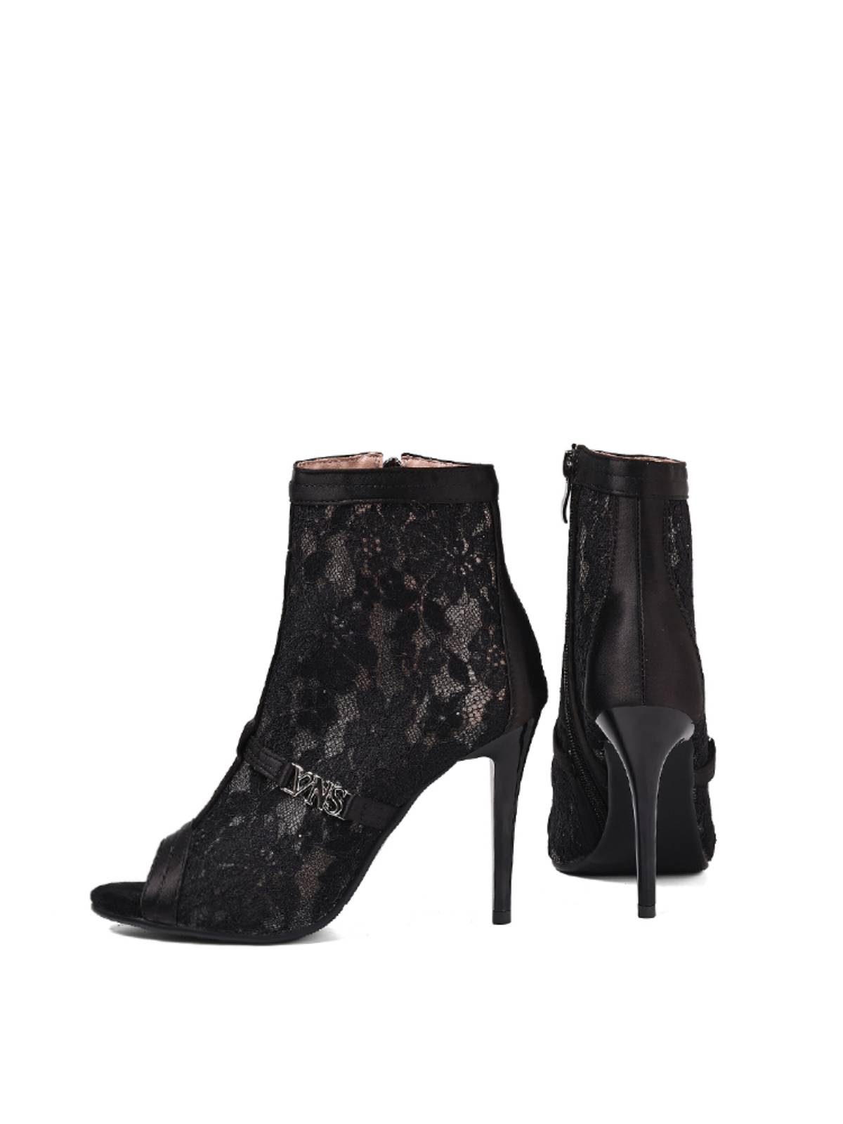 Black Flower Mesh Open-Toe Side Zip Heels