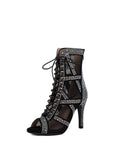Black Heels Peep Toe Lace-up Boots