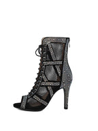Black Heels Peep Toe Lace-up Boots