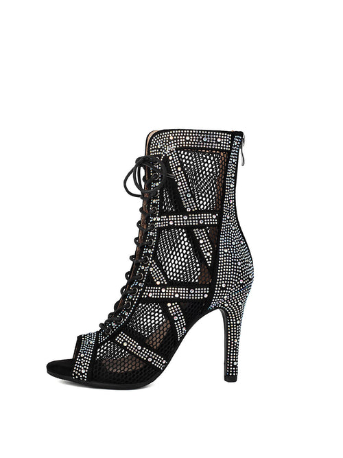 Black Heels Peep Toe Lace-up Boots