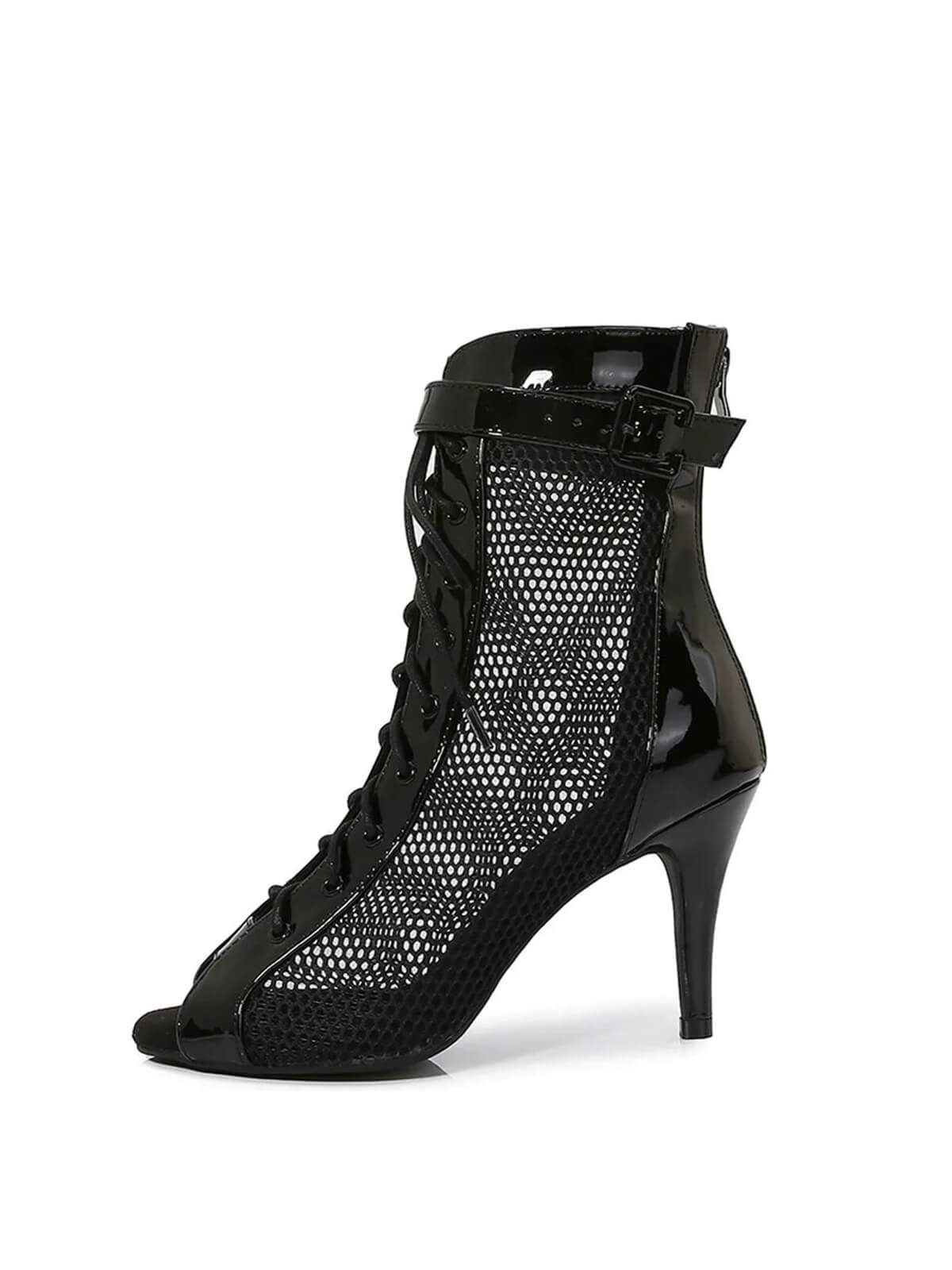 Black Patent Leather Mesh Heels Boots