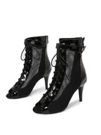 Black Patent Leather Mesh Heels Boots
