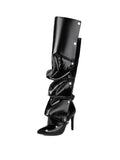 Black Pleated Knee-High Boots