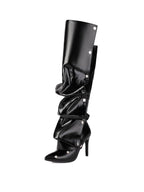 Black Pleated Knee-High Boots
