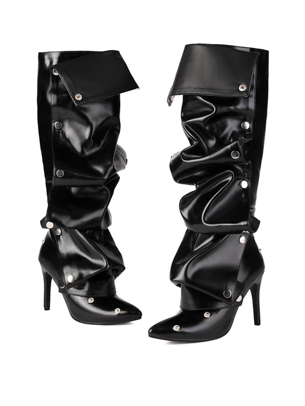 Black Pleated Knee-High Boots