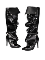 Black Pleated Knee-High Boots