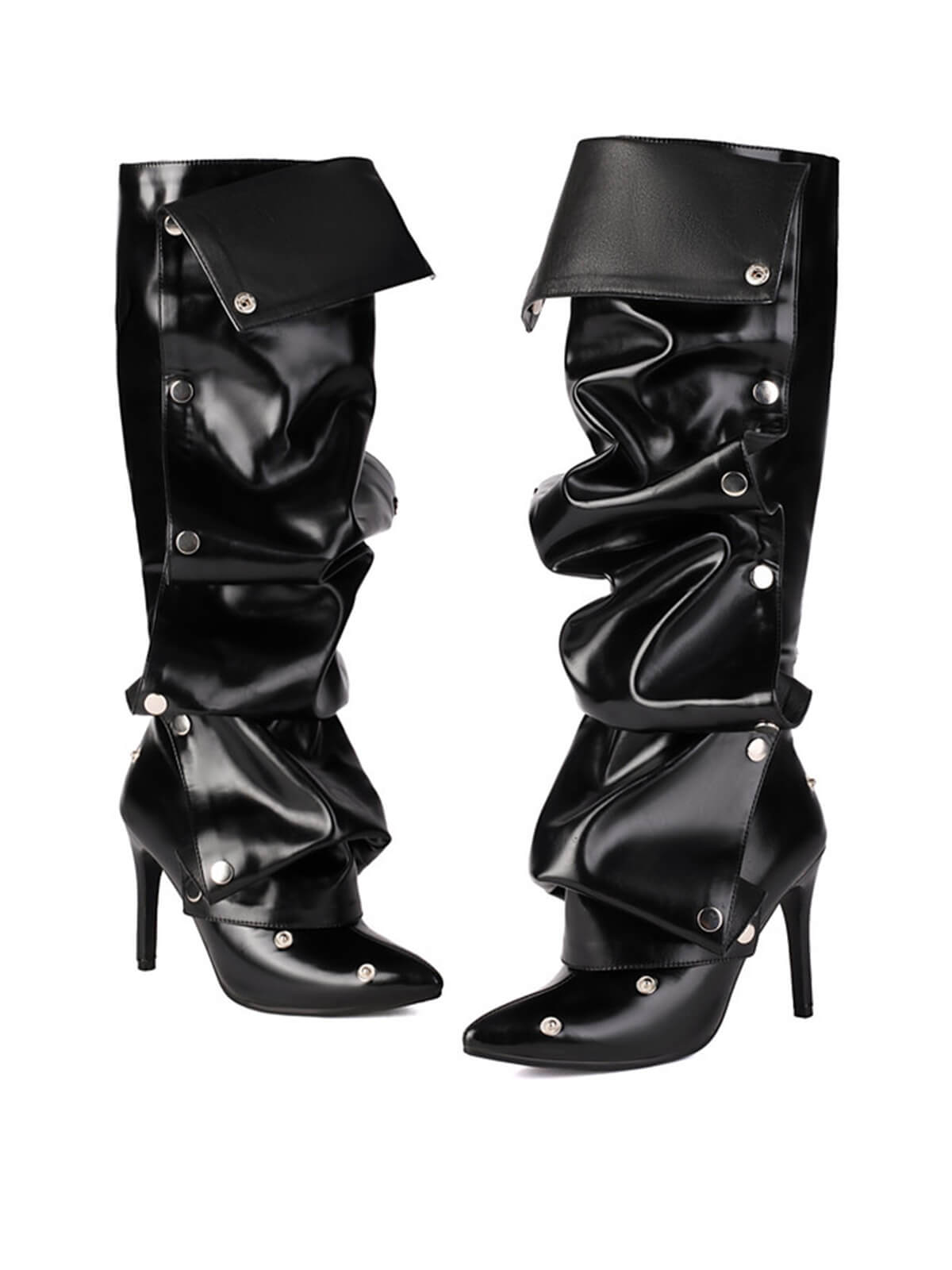 Black Pleated Knee-High Boots
