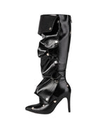 Black Pleated Knee-High Boots