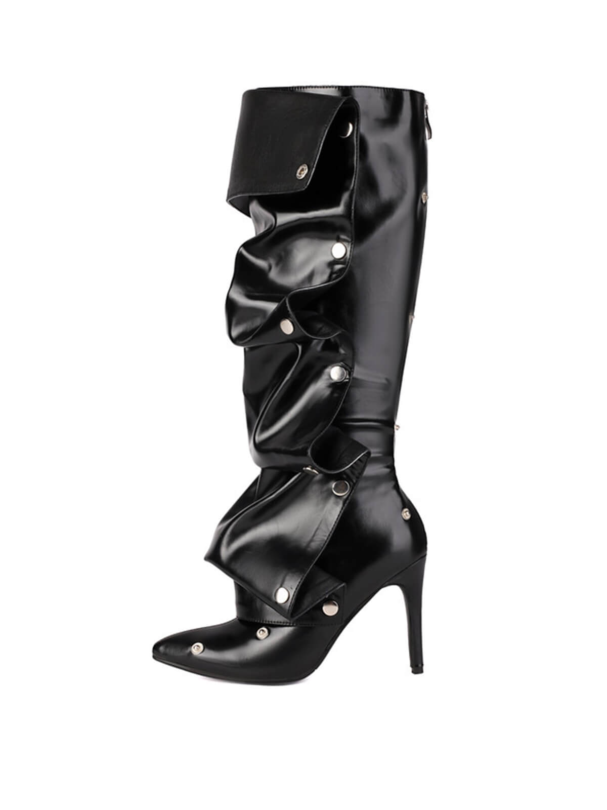 Black Pleated Knee-High Boots