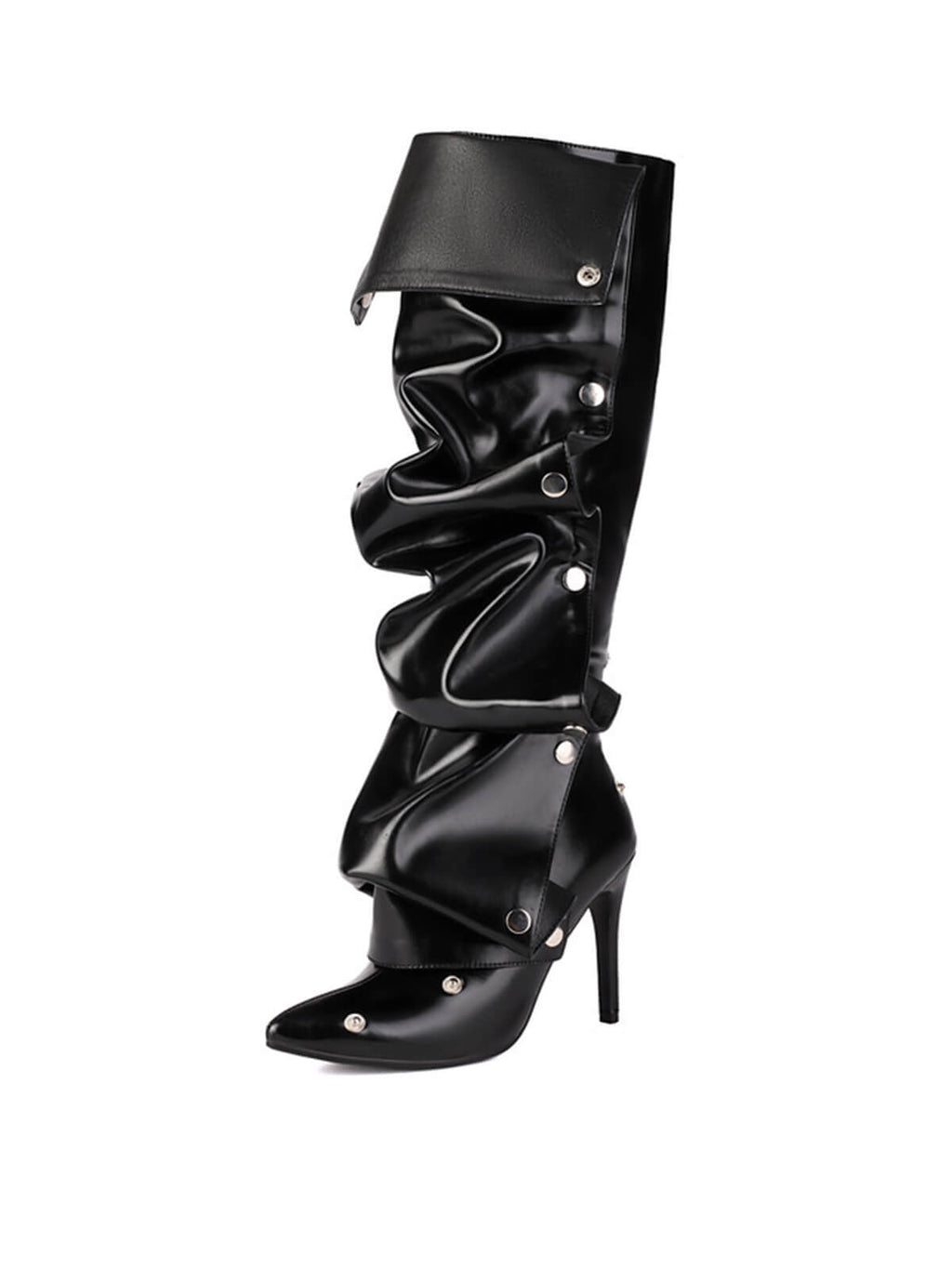 Black Pleated Knee-High Boots