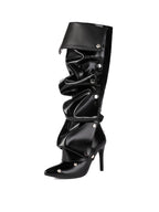 Black Pleated Knee-High Boots