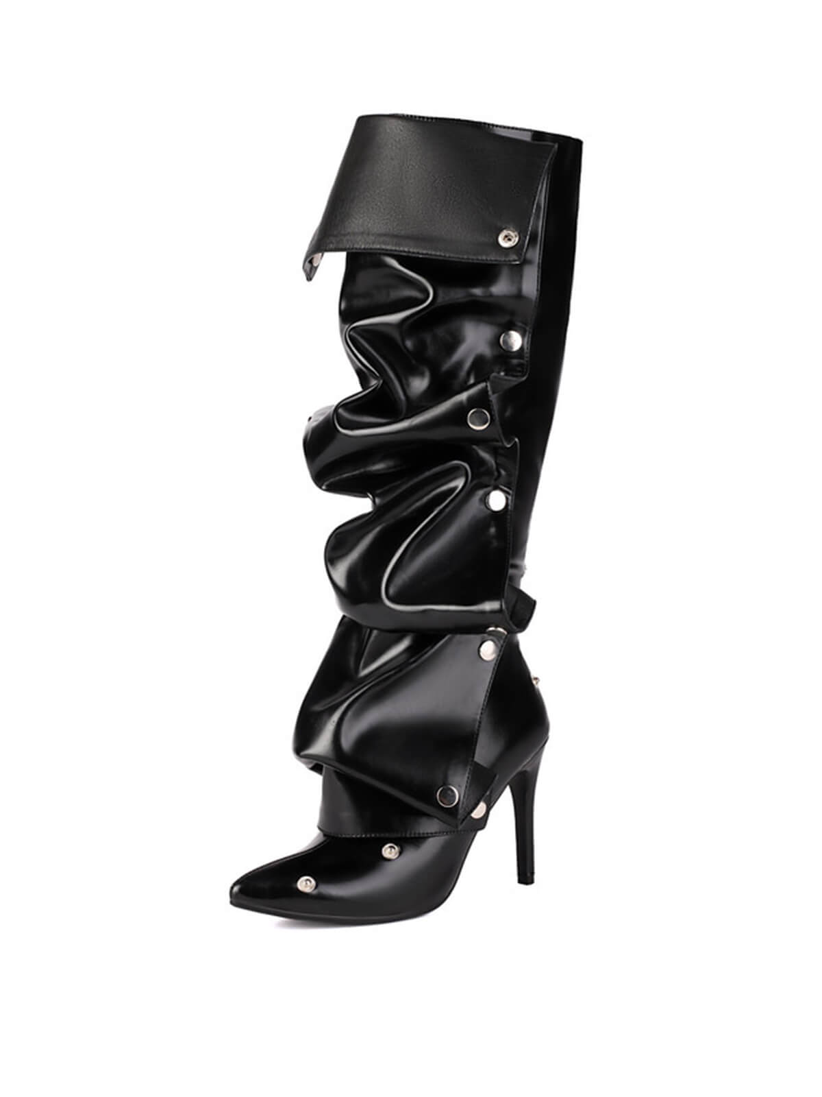 Black Pleated Knee-High Boots