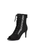 Black Pleated Lace Up Ankle Heels Dance Boots