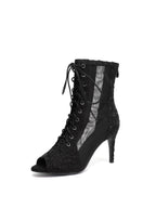 Black Pleated Lace Up Ankle Heels Dance Boots