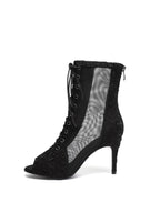 Black Pleated Lace Up Ankle Heels Dance Boots