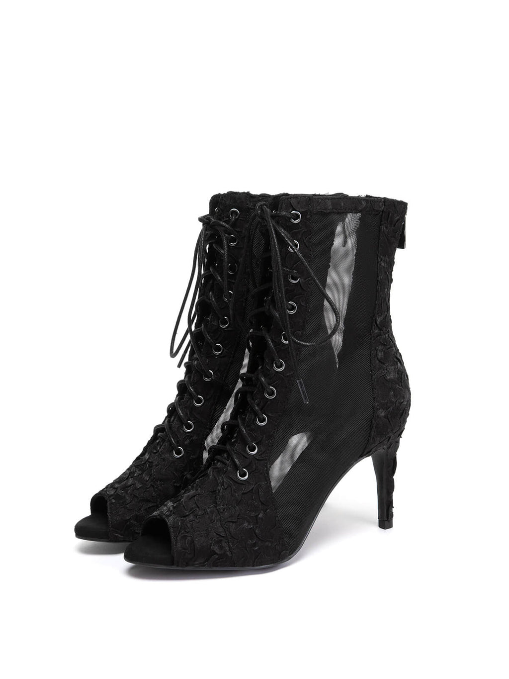 Black Pleated Lace Up Ankle Heels Dance Boots