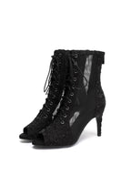 Black Pleated Lace Up Ankle Heels Dance Boots