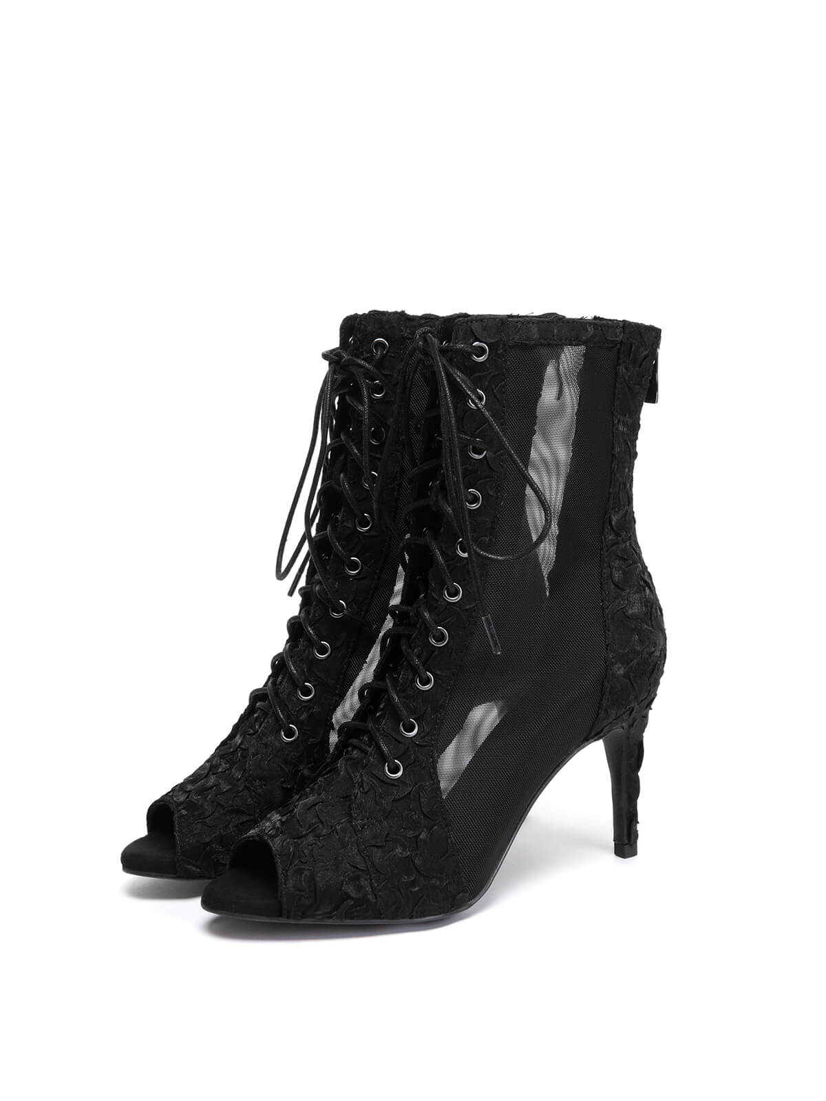 Black Pleated Lace Up Ankle Heels Dance Boots