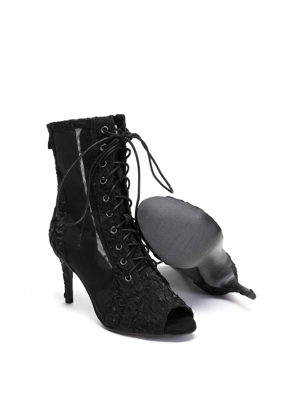 Black Pleated Lace Up Ankle Heels Dance Boots