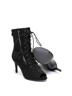 Black Pleated Lace Up Ankle Heels Dance Boots