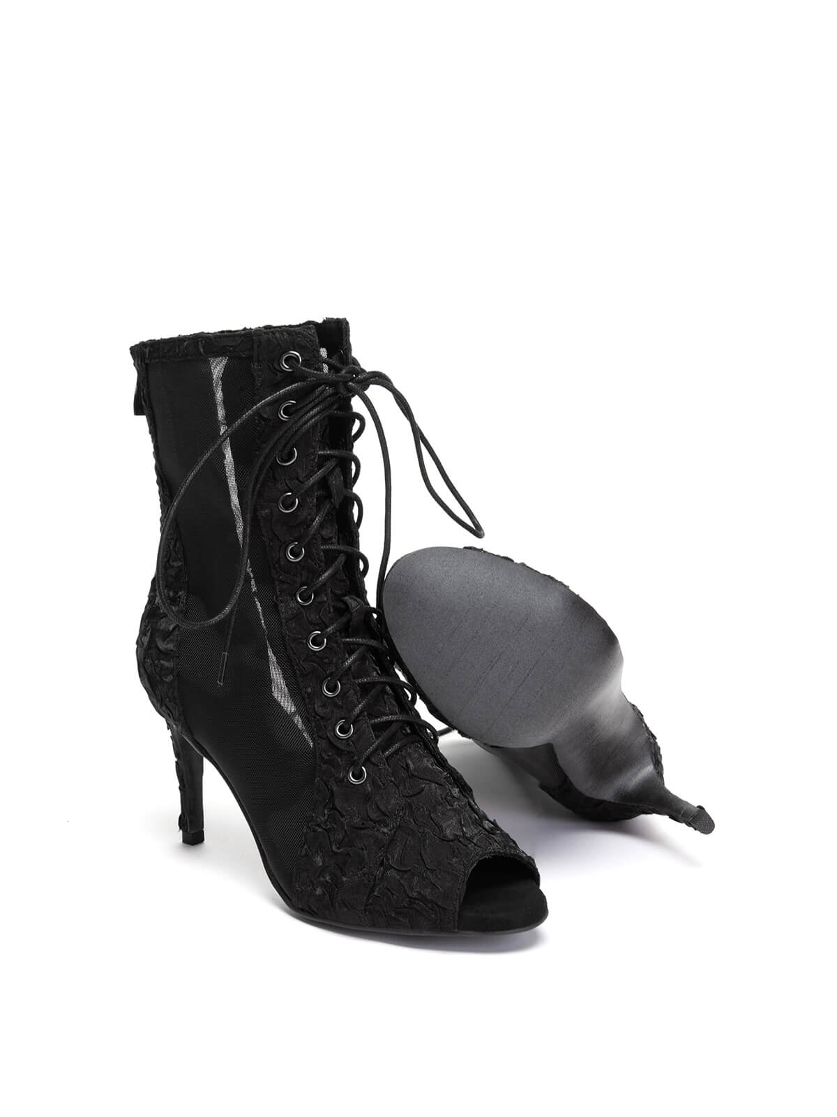 Black Pleated Lace Up Ankle Heels Dance Boots
