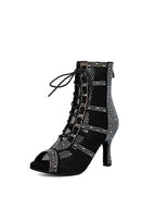 Black Rhinestone Lace Up Dance Boots
