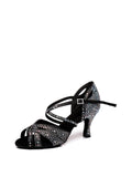 Black Satin Rhinestone Peep Toe Latin Tango Shoes