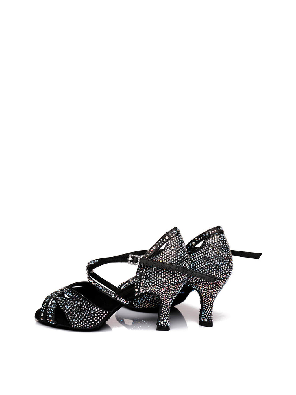 Black Satin Rhinestone Peep Toe Latin Tango Shoes