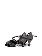 Black Satin Rhinestone Peep Toe Latin Tango Shoes
