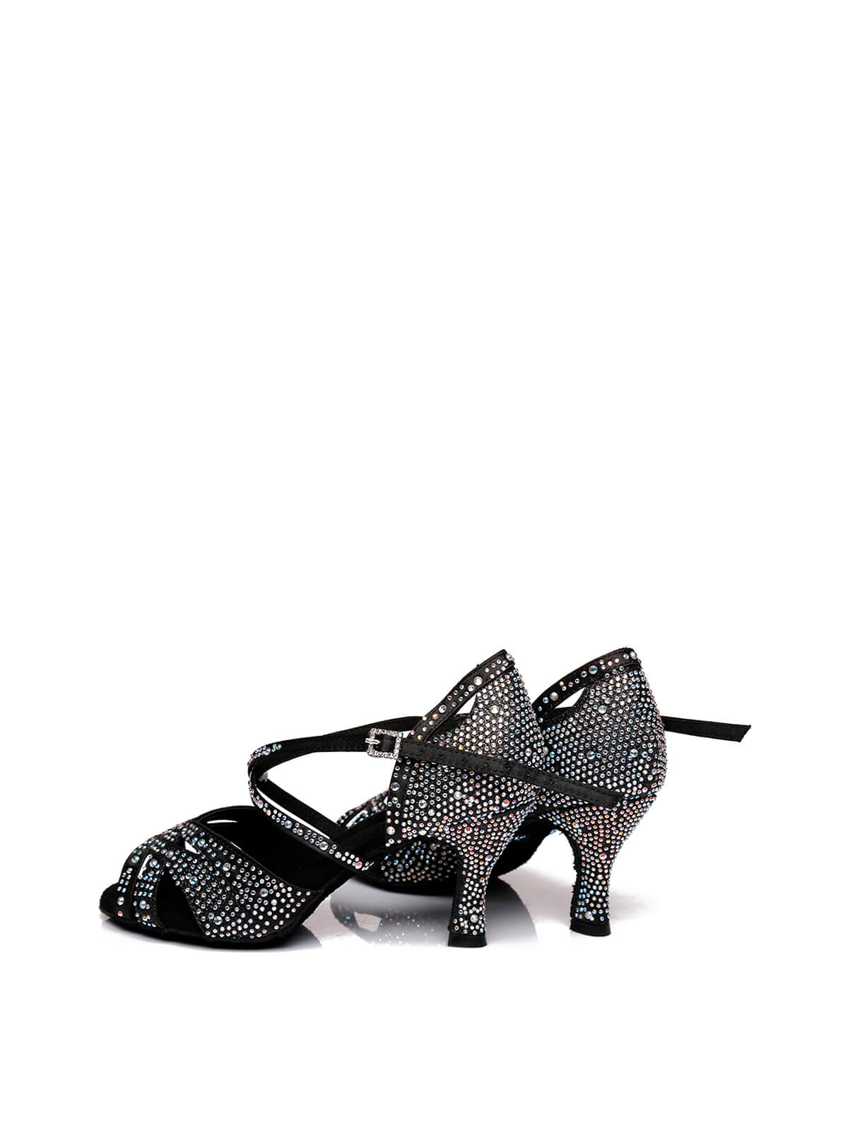 Black Satin Rhinestone Peep Toe Latin Tango Shoes