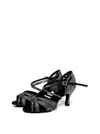 Black Satin Rhinestone Peep Toe Latin Tango Shoes