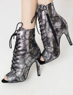 Black Shimmering Peep Side Zipper Heels