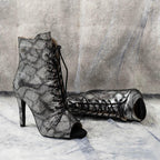 Black Shimmering Peep Side Zipper Heels