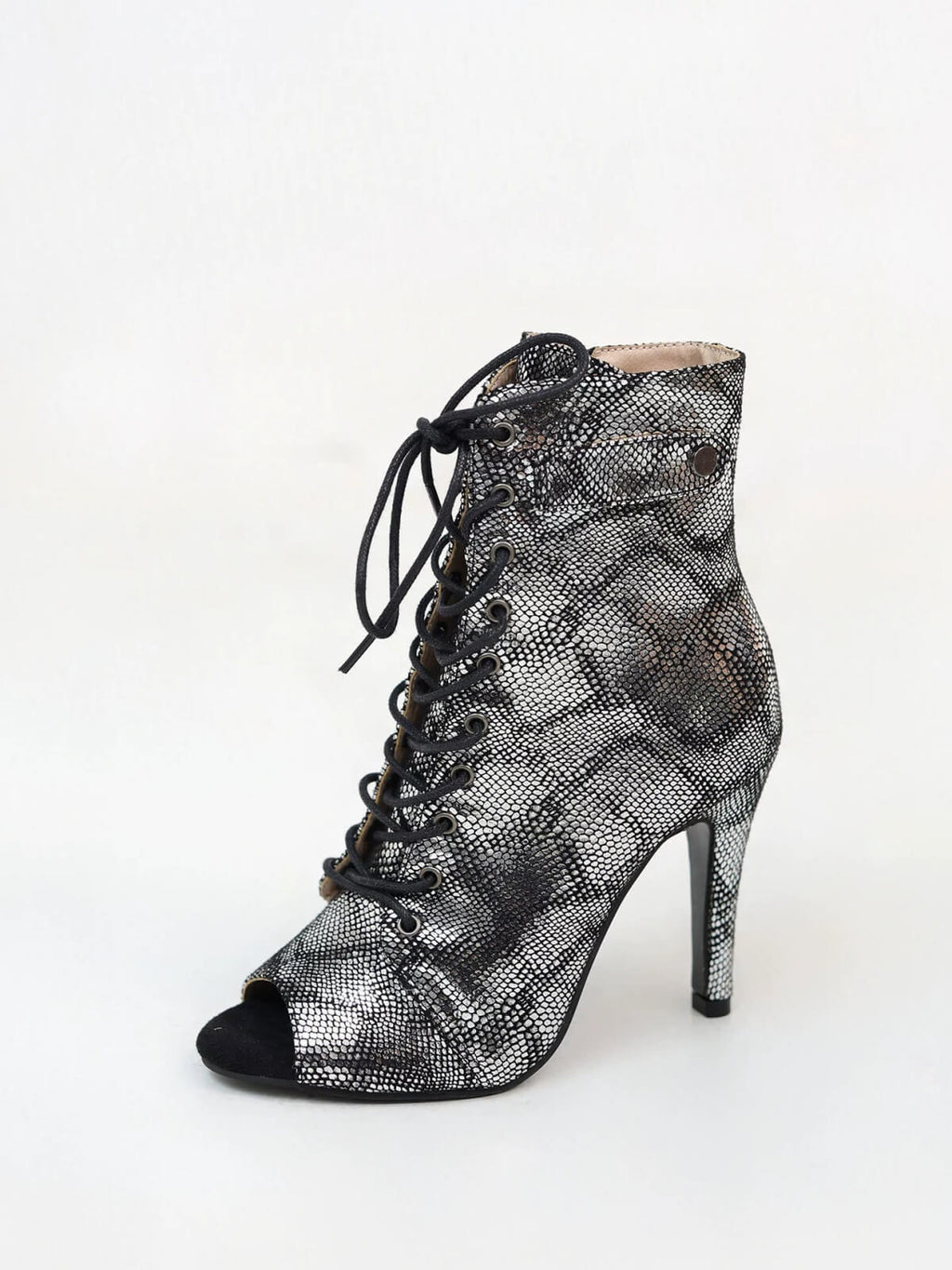 Black Shimmering Peep Side Zipper Heels