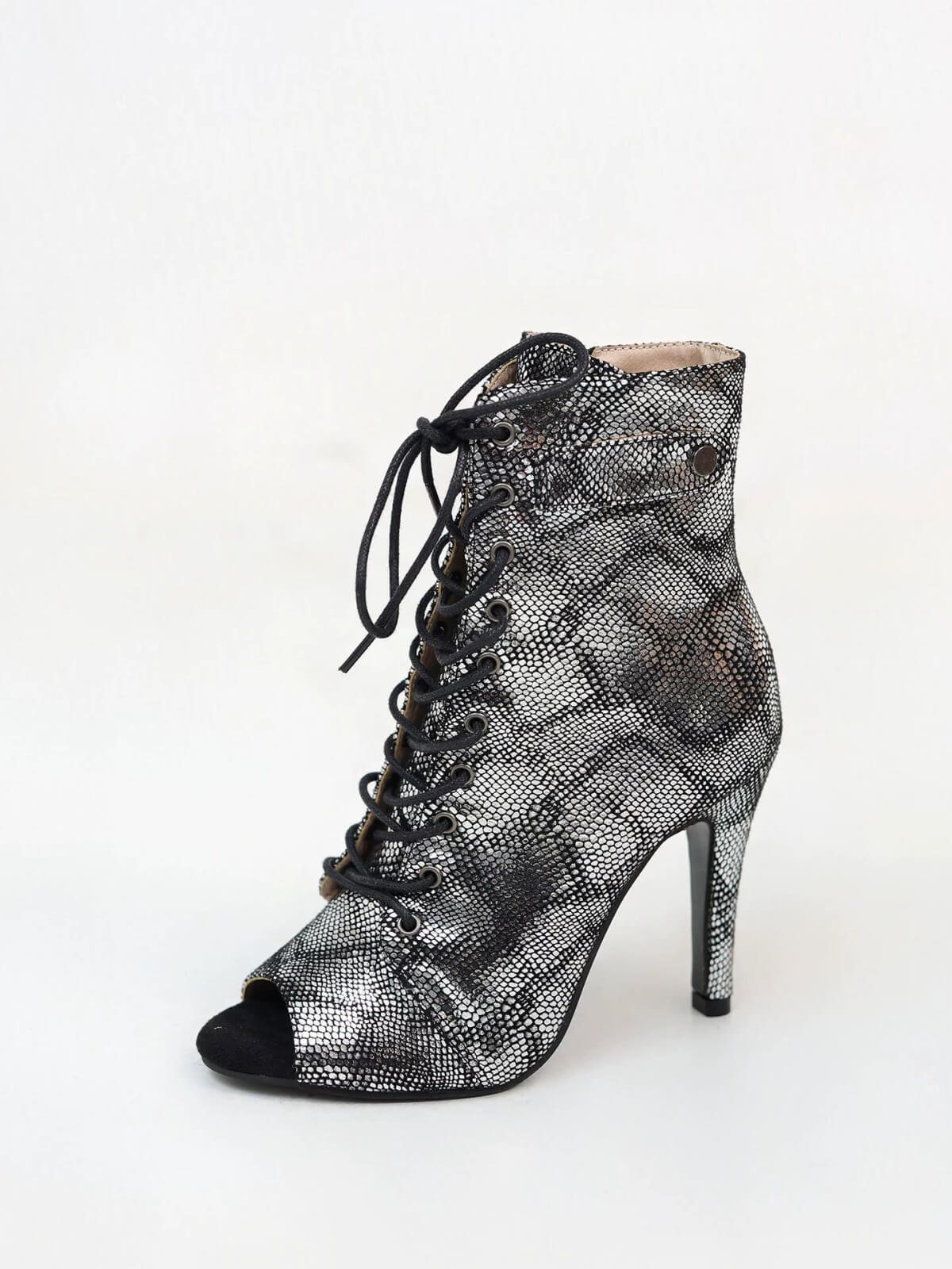 Black Shimmering Peep Side Zipper Heels